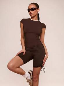 SHEIN BAE Quần legging thể thao nữ mùa hè có dây rút, eo chun bên hông. - Cà phê nâu - Xem 4