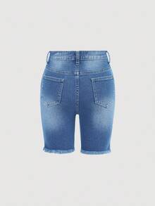 SHEIN Girlism Tween Girl Y2K Spring Summer Break Solid Washed High Stretch Distressed Ripped Denim Shorts With Frayed Hem And Pockets, Stylish Casual Boho Holiday Concert Raves Festival - Medium Wash - View 2