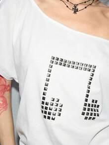 ROMWE Grunge Punk Camiseta suelta de unicolor con diseño de cruz remachada con láser, estilo Y2K punk, versátil - Blanco - Ver 9