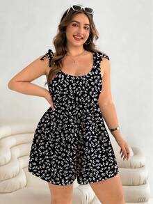 Solflare 大码女式碎花印花系带连体裤，夏季假日风情人节服装，女士夏季连体裤，黑色连体裤，大码女式连体裤，碎花印花连体裤，大码连身裤，大码夏季连体裤，大码女装，大码碎花连体裤，大码夏季服装 - 彩色 - 查看 4