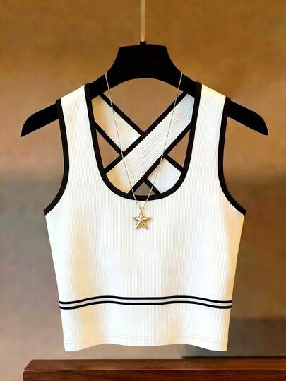 Franclia Débardeur côtelé court croisé polyvalent pour femmes, style élégant décontracté sexy Y2K en patchwork bicolore noir et blanc avec décoration de ruban. Convient pour les loisirs, les vacances, les sports, l'été.