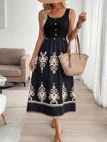 Breezaya Women's Vacation Style Printed Patchwork Sleeveless Bodycon Dress - Black - View 4