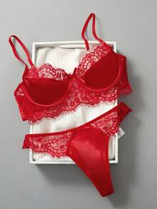 Set de lencería panel con encaje de pestaña con aro - Rojo - Ver 1