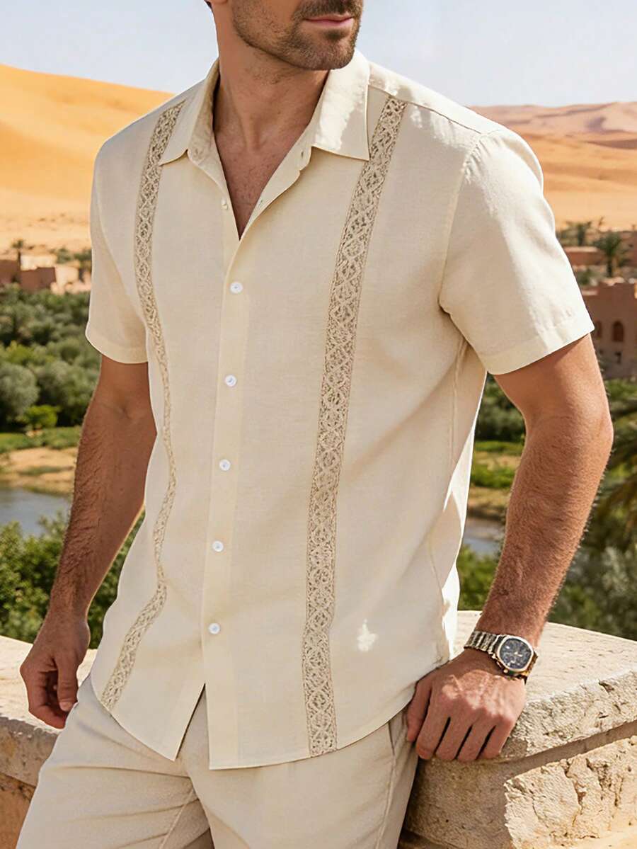 VENTUSAIL 男士夏季纯色蕾丝拼接单排扣休闲衬衫