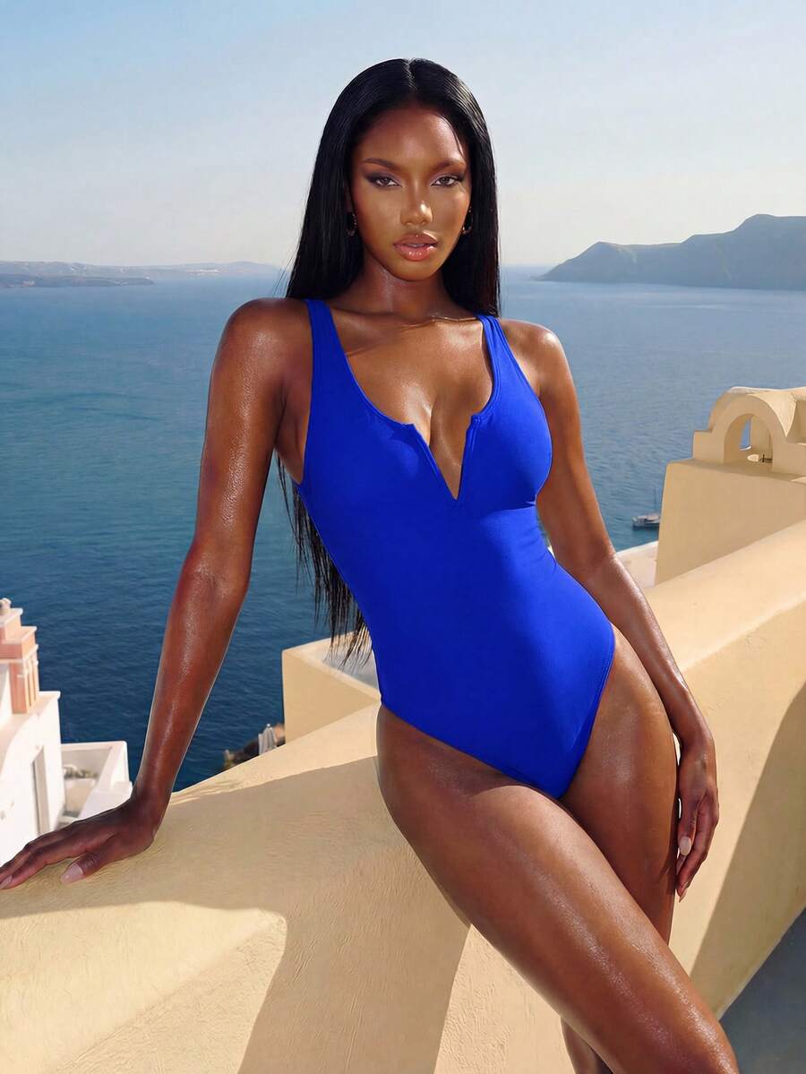 夏日海滩纯色 V 形钢圈连体泳衣 - 寶藍色 - 查看 1