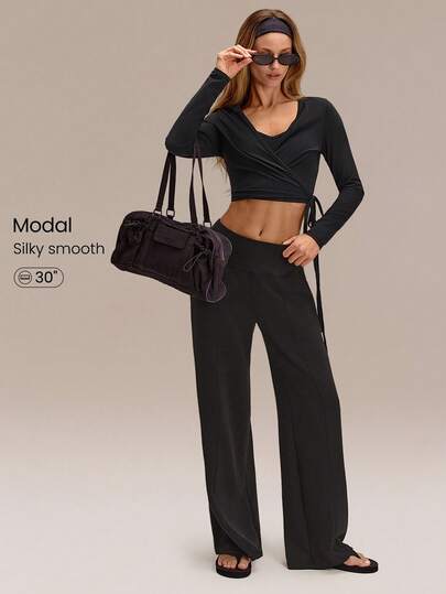 GLOWMODE 30" Regular SoftCalm Modal Silk Touch Wide Leg High Waist Lounge Pants With Side Pockets Daily Casual Spring Summer