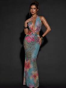 SHEIN BAE Vestido de playa casual con estampado de cebra, leopardo y floral, con escote halter, espalda descubierta y recortes para mujer - Azul - Ver 2