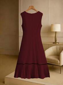 GlowEve CURVE Plus Size Women's Woven Regular Early Spring Elegant Date/Commute Sleeveless Round Neck Metal Hand-Sewn Button Pleated Hem Apricot Dress - Burgundy - View 2