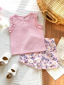 SHEIN Vintaside Kids 女婴可爱提花背心和提花短裤套装，春夏款 - 粉色 - 查看 2