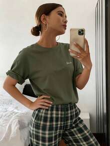 Loose Letter Print T-Shirt And Plaid Pants Home Outfit Set Pajama - Army Green - View 2