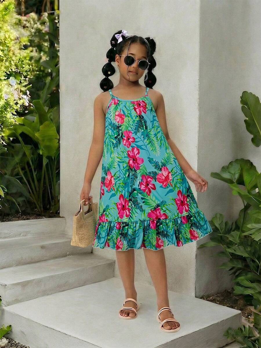 Sparklyn Rochie de vacanță casual cu imprimeu multicolor Fresh Lemon pentru fete, cu bretele spaghete și volane, tip tiv - Verde - Vizualizare 1