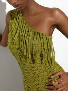 Maija 女士流苏露肩高开衩毛衣连衣裙 - 綠色 - 查看 6