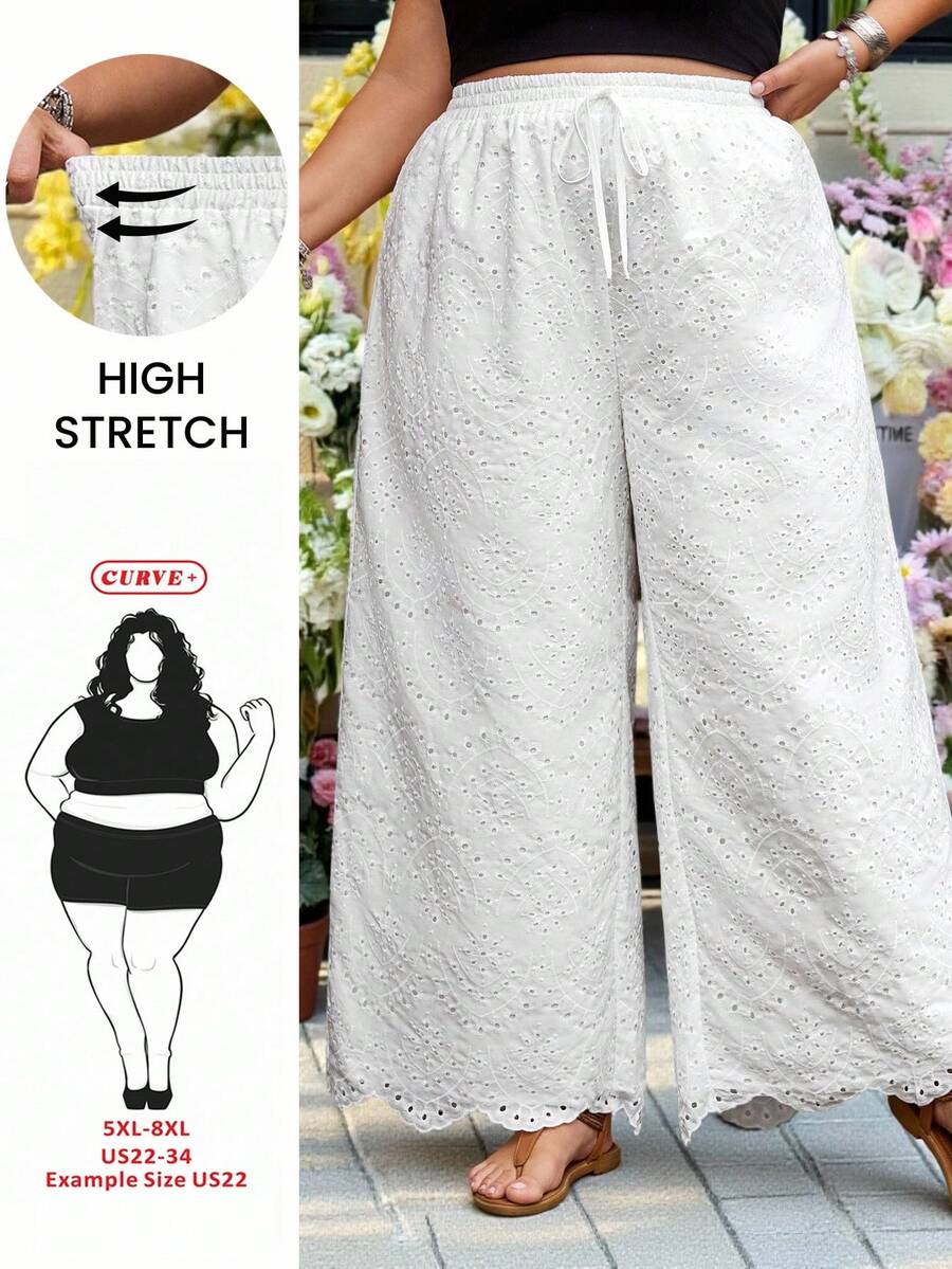 SHEIN CURVE+ Curve 尺码 US22 音乐节、海滨度假、波西米亚风女士刺绣休闲度假裤 - 白色 - 查看 1
