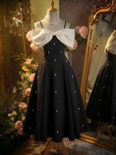 SHEIN MOD 大码仿珍珠露肩蝴蝶结撞色连衣裙，派对礼服