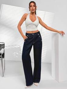 SHEIN High Waist Regular Fit Casual Streetwear Style Navy Blue Raw Wash Rhinestone Detailed Straight Jean Everyday Autumn Night Out - Black - View 6