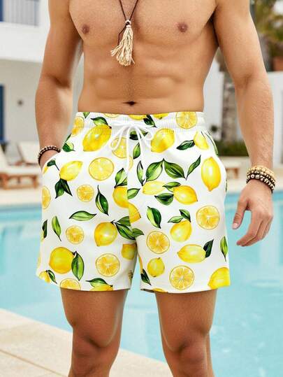 Solantero Men's Allover Print Summer Casual Beach Shorts With Pockets And Drawstring,Men's Summer Beach Shorts, Vacation Beach Shorts, Outdoor Printed Casual Shorts - Drawstring Quick Dry, Hawaiian Mens Swim Trunks Mens Swimwear Mens Beach Wear Mens Summer Holiday Clothes Mens Beach Outfit Matching Swim Suits Couple Mens Bathing Suits Mens Board Shorts Mens Swim Shorts Board Shorts For Men Lemon Print Shorts Bathing Suits For Men Yellow Shorts Men Swim Trunks For Men