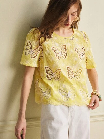 Écloséra 新款镂空蝴蝶结短袖女式衬衫，春夏款
