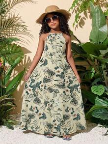 Tween-Mädchen Lässig Urlaubs Tropisch Blumen Muster Kreuz-Rücken Kleid - Verschiedenfarbig - Übersicht 5