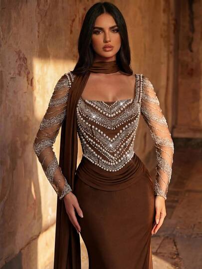 Glamrae Đầm maxi dáng đuôi cá sang trọng, thanh lịch, đính cườm, thêu hoa, phối lưới, co giãn, dệt kim, xếp ly, tay dài voan mỏng, thích hợp cho đám cưới, tiệc tùng, kỳ nghỉ, dạ hội, sự kiện trang trọng (đính kết cầu kỳ)