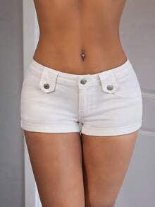 SHEIN PETITE Women's Casual Everyday Pocketed Button Denim Shorts - White - View 3