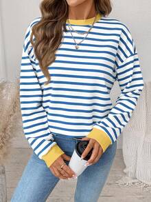 Wildy Áo sweatshirt tay dài cổ tròn dáng rộng, thanh lịch, phong cách retro, đa năng, màu vàng và xanh ấm áp, thích hợp mặc đi biển, đi nghỉ mát, trang phục mùa hè cho nữ. - Nhiều màu - Xem 3