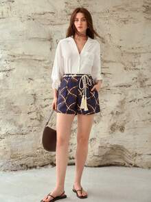 MOTF PREMIUM QUẦN SHORT NỮ HỌA TIẾT VẢI LINEN CẠP THẤP, XUÂN/HÈ - Màu xanh hải quân - Xem 1