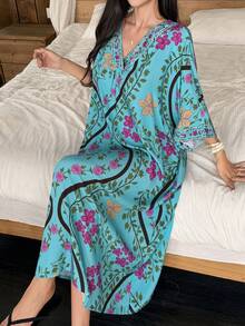 Floral Print V-Neck Loose Women Nightgown Pajama, Winter, Moo Moo Night Dress - Blue - View 3