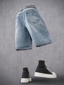 Manfinity Denimwave Pantalones cortos de mezclilla casuales de moda con bolsillo sesgado y estampado de ángel para hombres - Azul - Ver 2