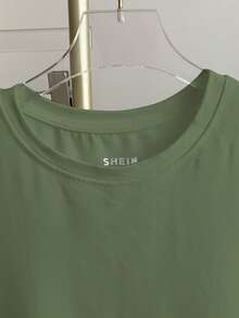 Resyla Áo thun nữ cổ tròn màu trơn, kiểu dáng thường ngày, đa năng cho mùa hè. - xanh quân đội - Xem 3