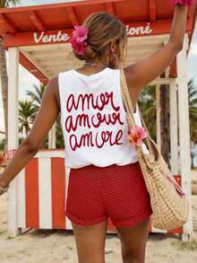 DrmWander 女士吊带背心夏季上衣 女士修身字母印花吊带衫，夏季Y2K性感上衣 女士度假套装 女士两件套 女士短款夏季套装 女士夏季套装 女士两件套休闲装 - 白色 - 查看 4