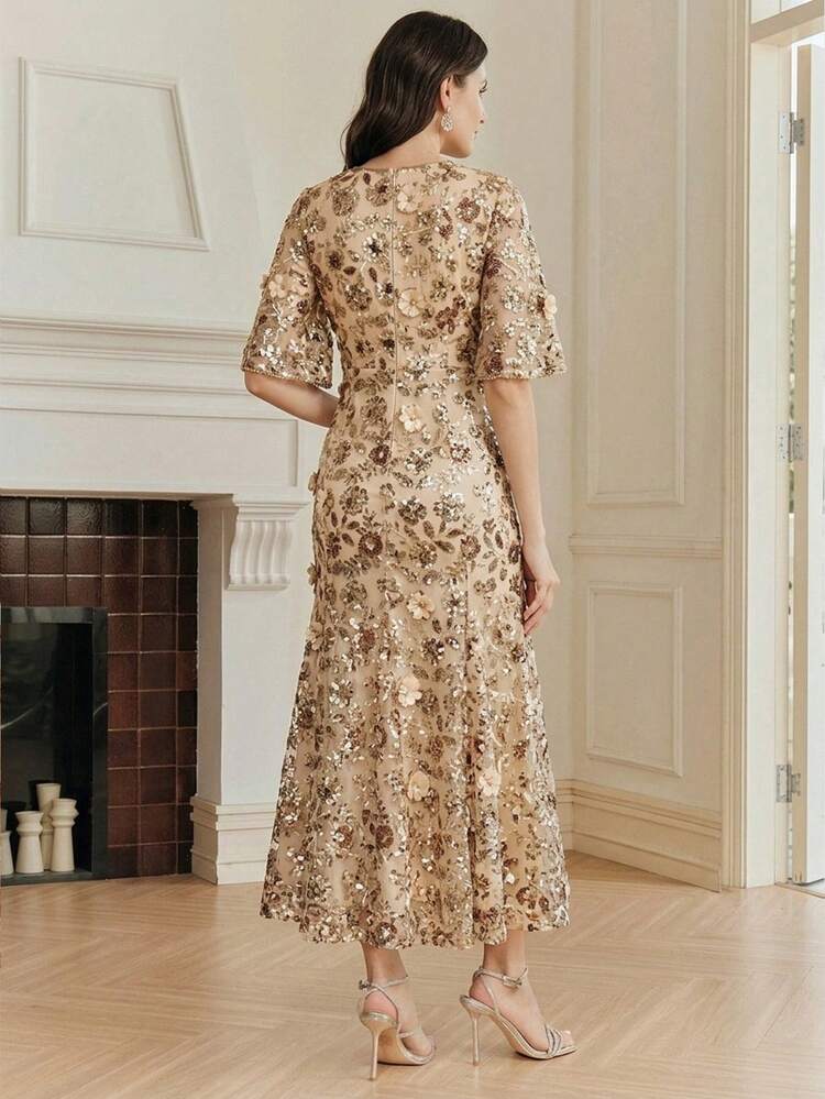 Elegant Navy Blue Floral Mesh Ruffle Trim Sequin Embellished Short Sleeve Dress, Suitable For Party, Date, Resort Wear, Spring/Summer Outfits