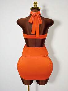 Zestiva Summer New Energetic Orange Solid Color Halter Neck Dress, Metal Decor Hollow Out Back Pleated Bodycon Mini Skirt, Suitable For Dragon Boat Festival, Vacation, Birthday Party, Sexy Vibe - Orange - View 2