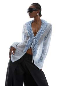 LYSMO Women's Fashionable Sexy Polka Dot Print Ruffle Hem Blouse - Blue - View 8