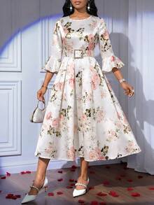 SHEIN Lady Đầm midi nữ thanh lịch in hoa, tay loe xếp ly, thích hợp dự tiệc. - Nhiều màu - Xem 5