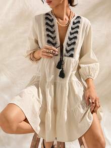 Vestido romántico de línea A con cuello en V, cintura anudada y bordados, estilo bohemio, suave, para vacaciones, para mujeres - Albaricoque - Ver 6