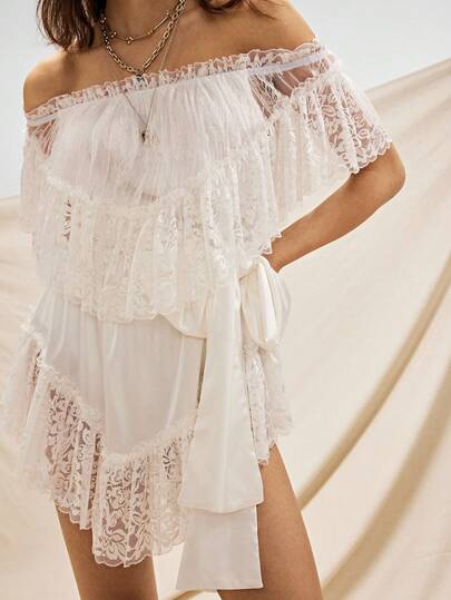 Easelle Đầm nữ phong cách Bohemian trễ vai, phối ren, eo thon, thoải mái, lãng mạn.