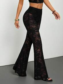 SHEIN PETITE Quần ống loe nữ mùa xuân gợi cảm kiểu retro có lót ren. - màu đen - Xem 6