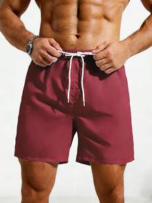 ZELFYO Men Solid Drawstring Waist Swim Trunks - Burgundy - View 5