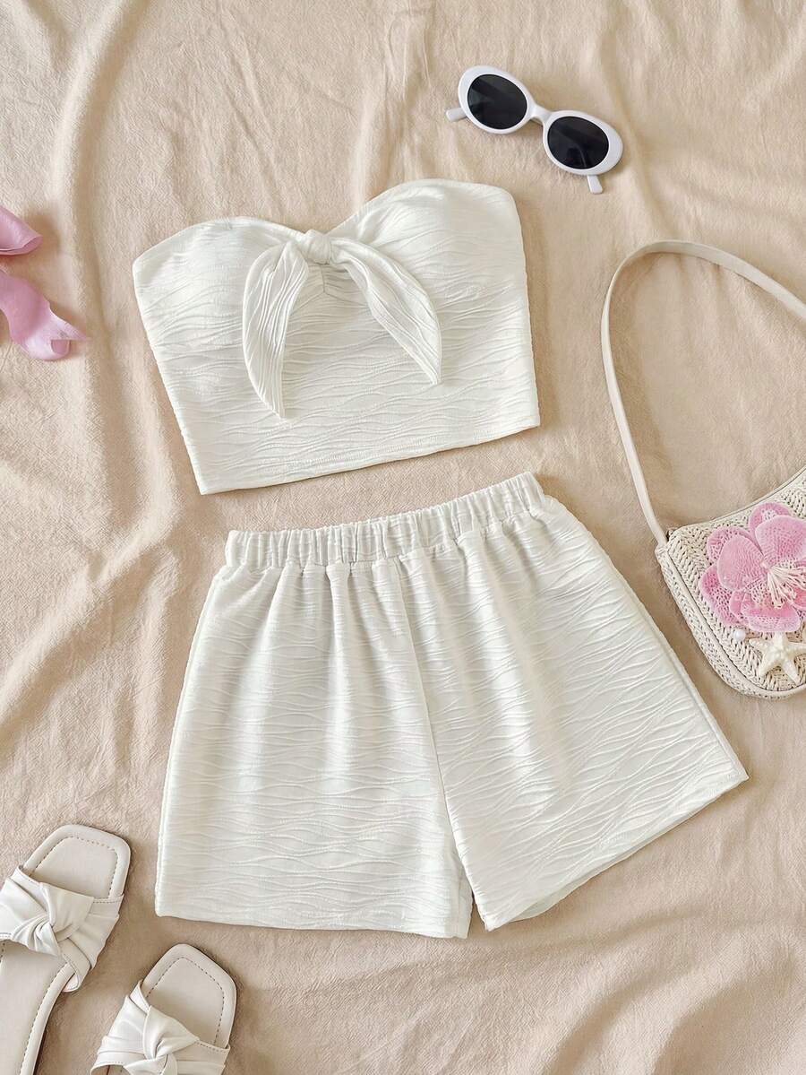 SHEIN Bộ 2 món/Bộ đồ bơi hai dây thắt nơ thoải mái tối giản giản dị cho bé gái tuổi teen - trắng - Xem 1