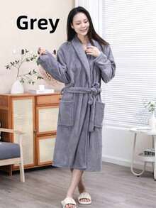 1pc Sleeved Home Bathrobe, Lapel Long Robe, Solid Color Coral Velvet, Soft, Absorbent, Bathing, Hotel Swimming Pool, Beauty Salon, Personal Use Gift - Pink - View 3