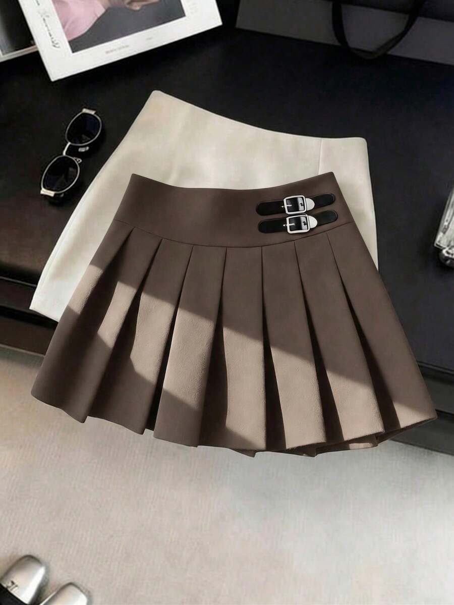SHEIN Franclia 女款濃縮咖啡棕高腰百褶迷你裙,裝飾扣設計,秋季70年代校園回校風,百搭腰帶休閒溜冰裙 - 咖啡棕 - 查看 1