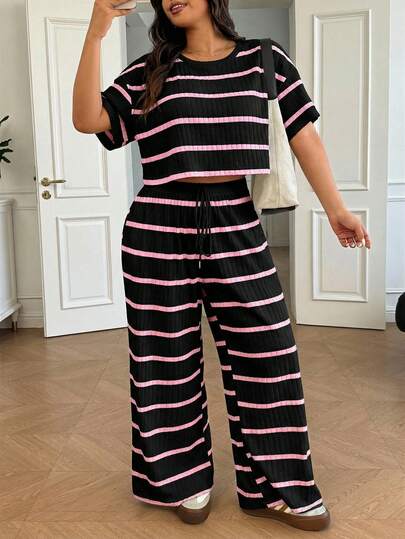 Solflare Plus Size Women Summer Striped Short Sleeve T-Shirt And Drawstring Waist Wide Leg Pants Casual 2 Piece Set