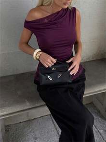 Aloruh 女士优雅露肩蕾丝拼接修身纯紫色T恤 - 紫色 - 查看 2