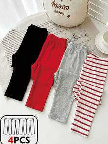 SHEIN Playful Pals Set de 4 leggings casuales a rayas y de unicolor para niñas bebé, primavera/otoño - Multicolor - Ver 4