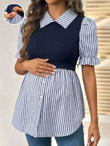SHEIN Áo cho bà bầu kiểu dáng thường ngày kẻ sọc phối nhiều màu, thích hợp cho mùa hè. - màu đen - Xem 3
