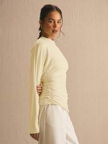 MUSERA 收腰褶皱蝙蝠袖长袖上衣，春夏可爱舒适田园风春日露珠穿搭 - 黃色 - 查看 3