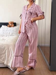 Napfluff 条纹印花翻领撞色休闲家居服短袖上衣和裤子套装（女款） - 粉色 - 查看 3