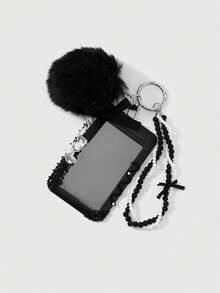 Goth 1款韩式甜美酷炫百搭时尚个性化优雅暗黑哥特风黑色毛球手工串珠仿珍珠哑光珠双条扭纹波浪织带蝴蝶结水钻圆钻镂空蕾丝亚克力滑套卡套校园卡套星卡旅行卡套DIY钥匙扣配件包包挂件，适合上班族、学生、派对爱好者、日常佩戴、节日礼物 - 黑色-129 - 查看 4