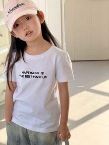 Dazy Kids Young Girls Casual Slogan Print Round Neck Short Sleeve T-Shirt, Versatile Summer - White - View 1