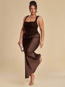 SHEIN BAE 优雅网纱缎带褶皱连衣裙，大码 - 棕色 - 查看 5